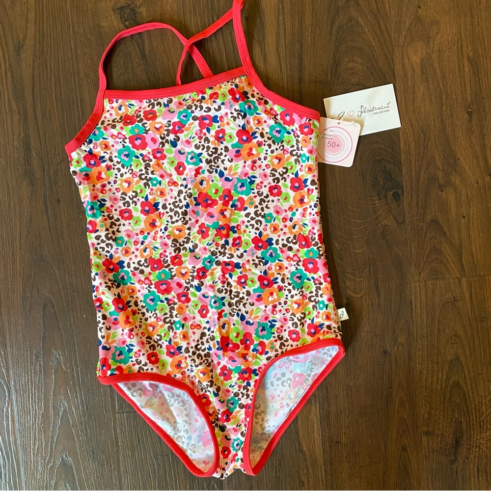 NWT! Floatimini kids / girls 1-piece swimsuit. Floral pink. Adjustable straps.